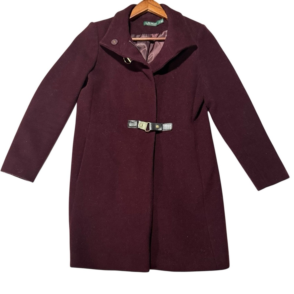 Lauren Ralph Lauren Wool Coat Women Medium Burgundy Toggle Buckle Long